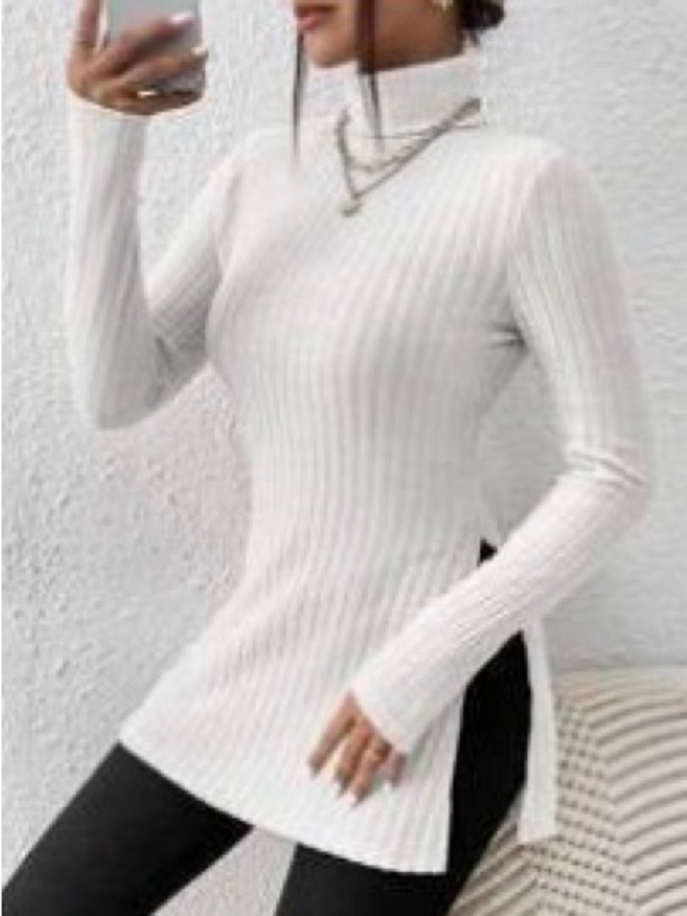 SHEIN White Ribbed Turtleneck Side-Slit Sweater Tunic